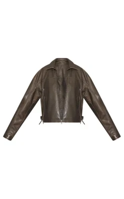 Brown Distressed Look Zip Boxy Trim Detail Biker Jacket
