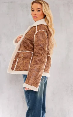 PrettyLittleThing Winter Coats & Jackets*Distressed Pu Borg Detail Collared Jacket