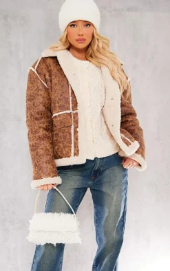 PrettyLittleThing Winter Coats & Jackets*Distressed Pu Borg Detail Collared Jacket