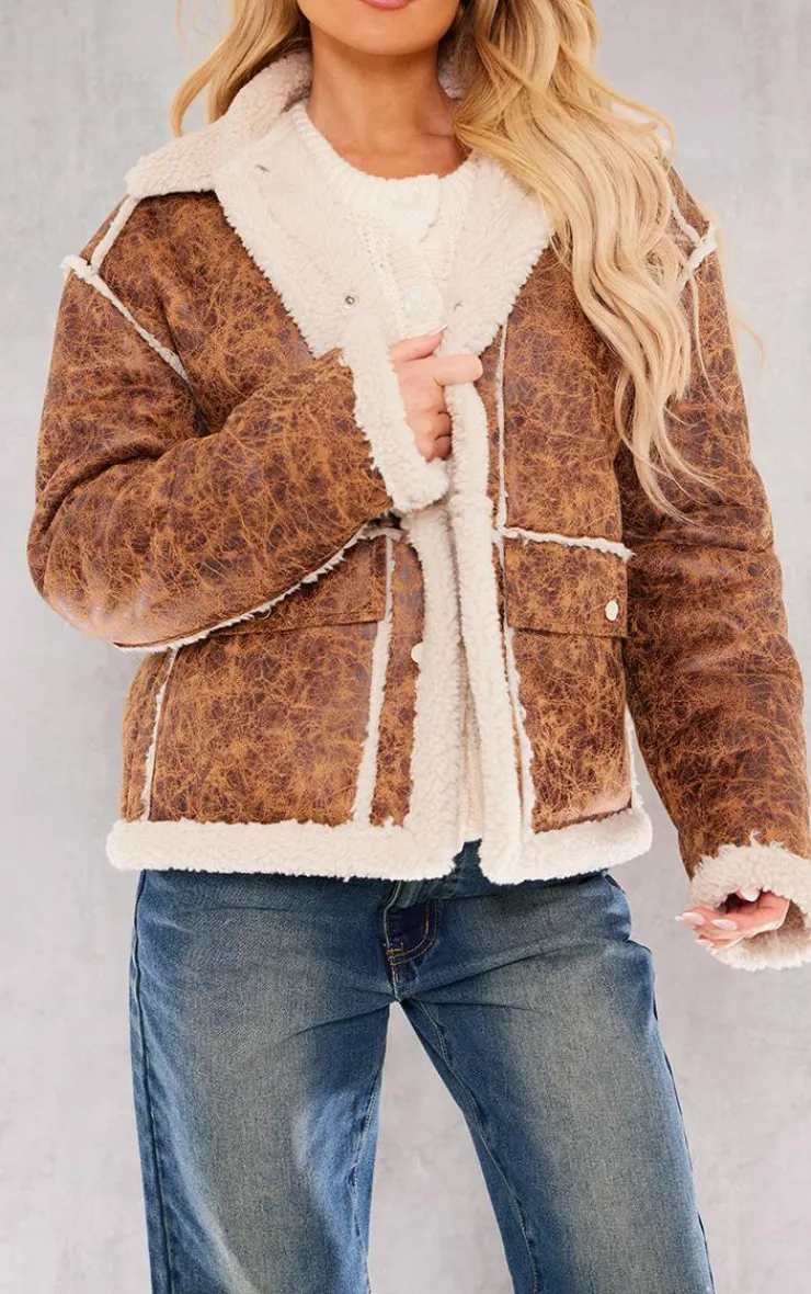 PrettyLittleThing Winter Coats & Jackets*Distressed Pu Borg Detail Collared Jacket