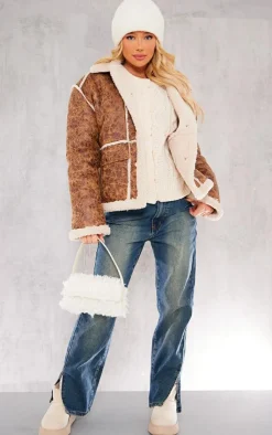 PrettyLittleThing Winter Coats & Jackets*Distressed Pu Borg Detail Collared Jacket