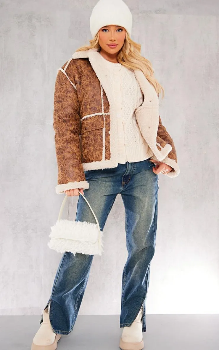 PrettyLittleThing Winter Coats & Jackets*Distressed Pu Borg Detail Collared Jacket