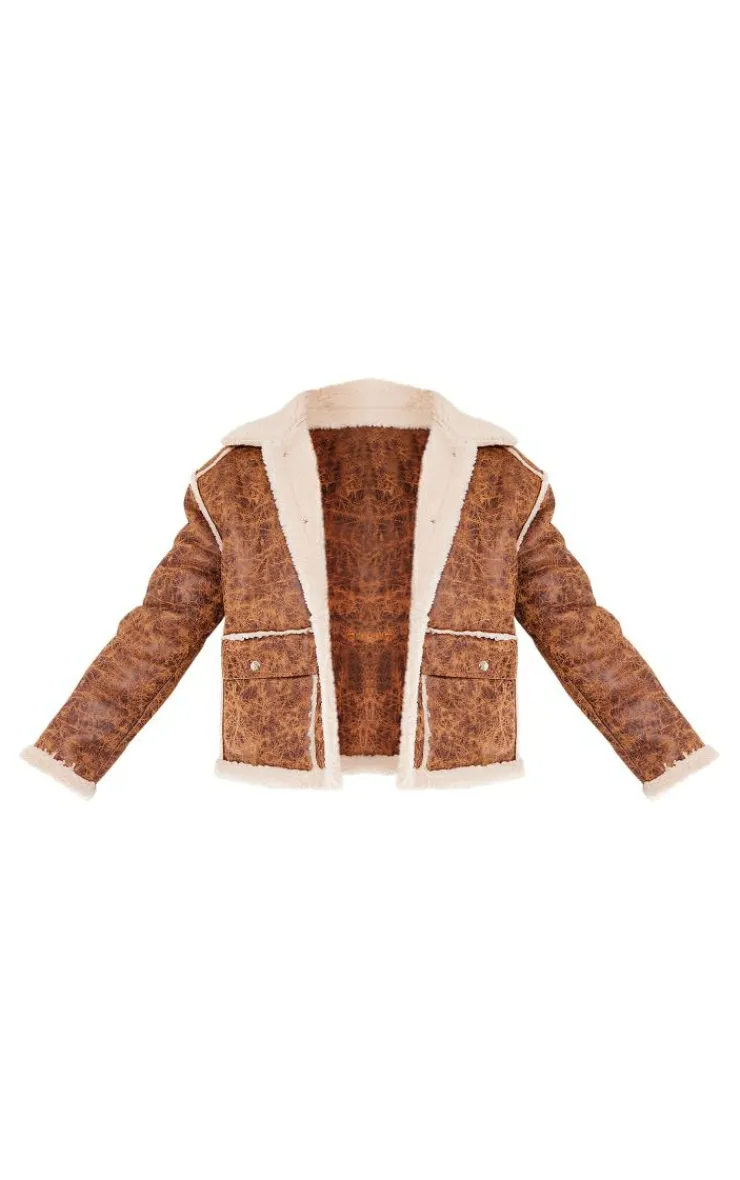 PrettyLittleThing Winter Coats & Jackets*Distressed Pu Borg Detail Collared Jacket