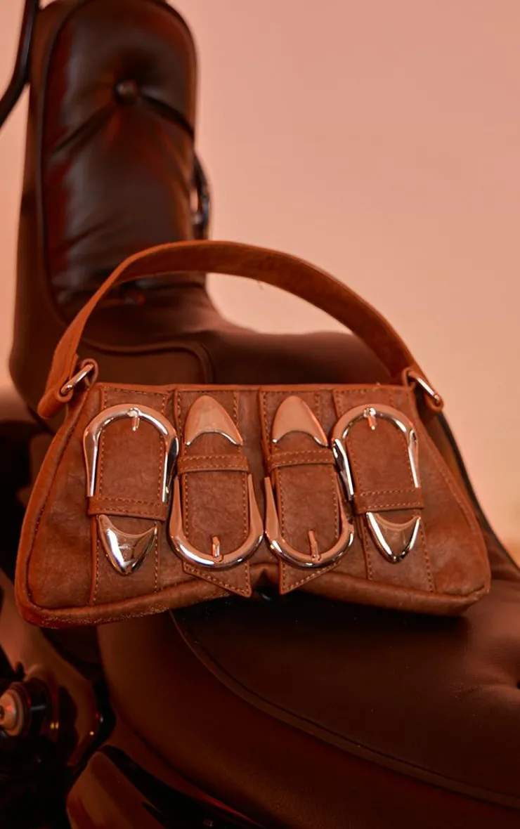 PrettyLittleThing Shoulder Bags*Distressed PU Buckle Baguette Shoulder Bag
