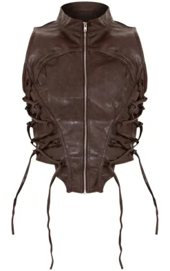 Online PrettyLittleThing Distressed PU Lace Up Detail Crop Top Brown