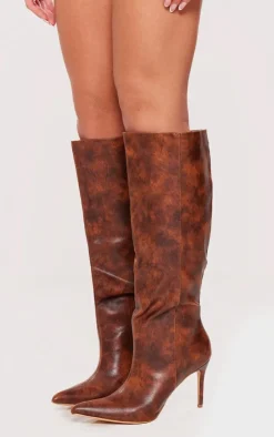 PrettyLittleThing High Heels*Distressed PU Point Toe Stiletto Heeled Knee Boots