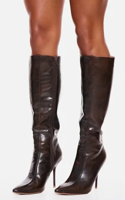 PrettyLittleThing Knee High Boots*Distressed Pu Point Toe Knee High Heeled Boots