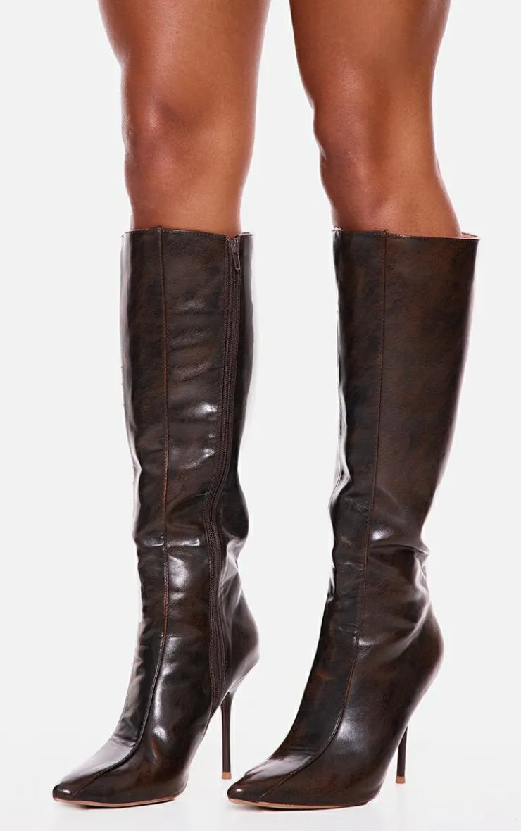 PrettyLittleThing Knee High Boots*Distressed Pu Point Toe Knee High Heeled Boots