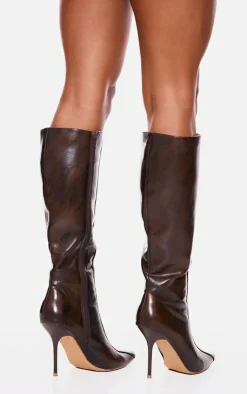 PrettyLittleThing Knee High Boots*Distressed Pu Point Toe Knee High Heeled Boots