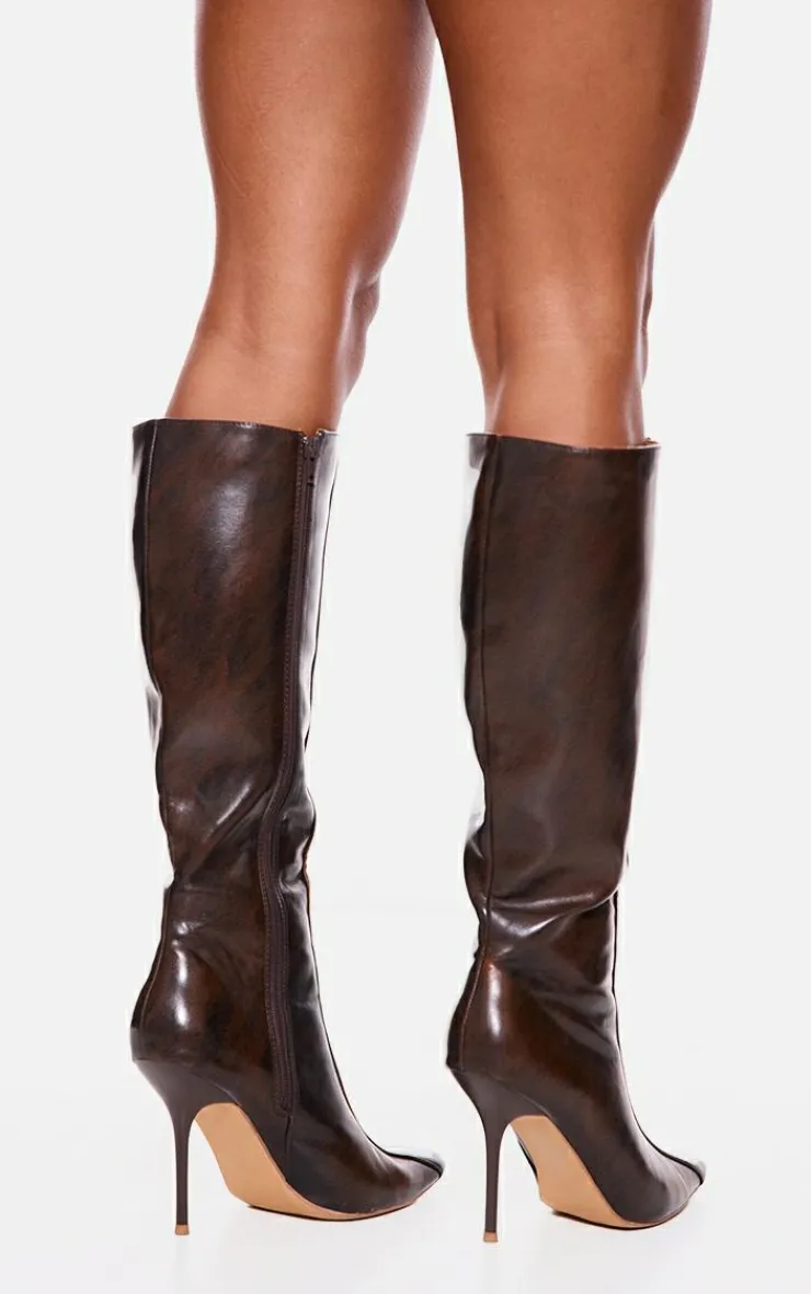 PrettyLittleThing Knee High Boots*Distressed Pu Point Toe Knee High Heeled Boots