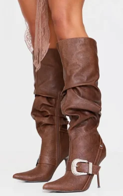 PrettyLittleThing Knee High Boots*Distressed Pu Point Toe Buckle Knee High Stiletto Heeled Boots