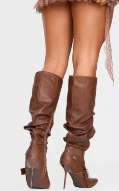 PrettyLittleThing Knee High Boots*Distressed Pu Point Toe Buckle Knee High Stiletto Heeled Boots