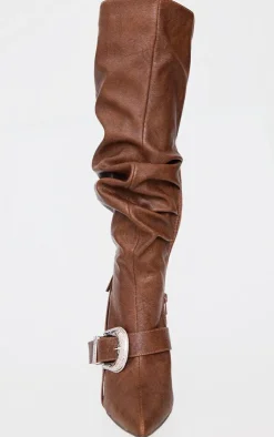 PrettyLittleThing Knee High Boots*Distressed Pu Point Toe Buckle Knee High Stiletto Heeled Boots