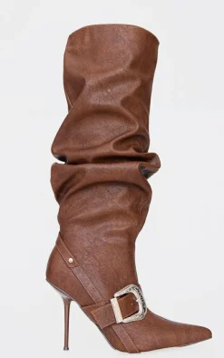 PrettyLittleThing Knee High Boots*Distressed Pu Point Toe Buckle Knee High Stiletto Heeled Boots