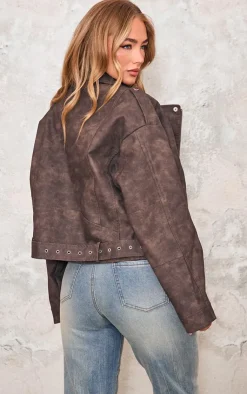 PrettyLittleThing Faux Leather Jackets*Distressed Soft Faux Leather Oversized Biker Jacket