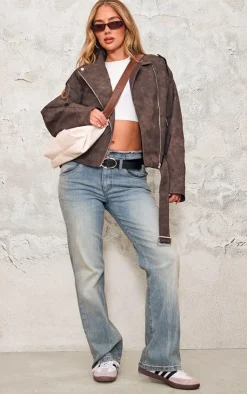 PrettyLittleThing Faux Leather Jackets*Distressed Soft Faux Leather Oversized Biker Jacket