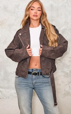 PrettyLittleThing Faux Leather Jackets*Distressed Soft Faux Leather Oversized Biker Jacket