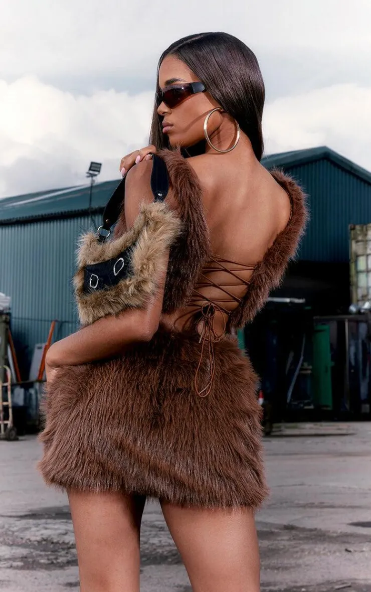 Outlet PrettyLittleThing Faux Fur Corset Crop Top Brown