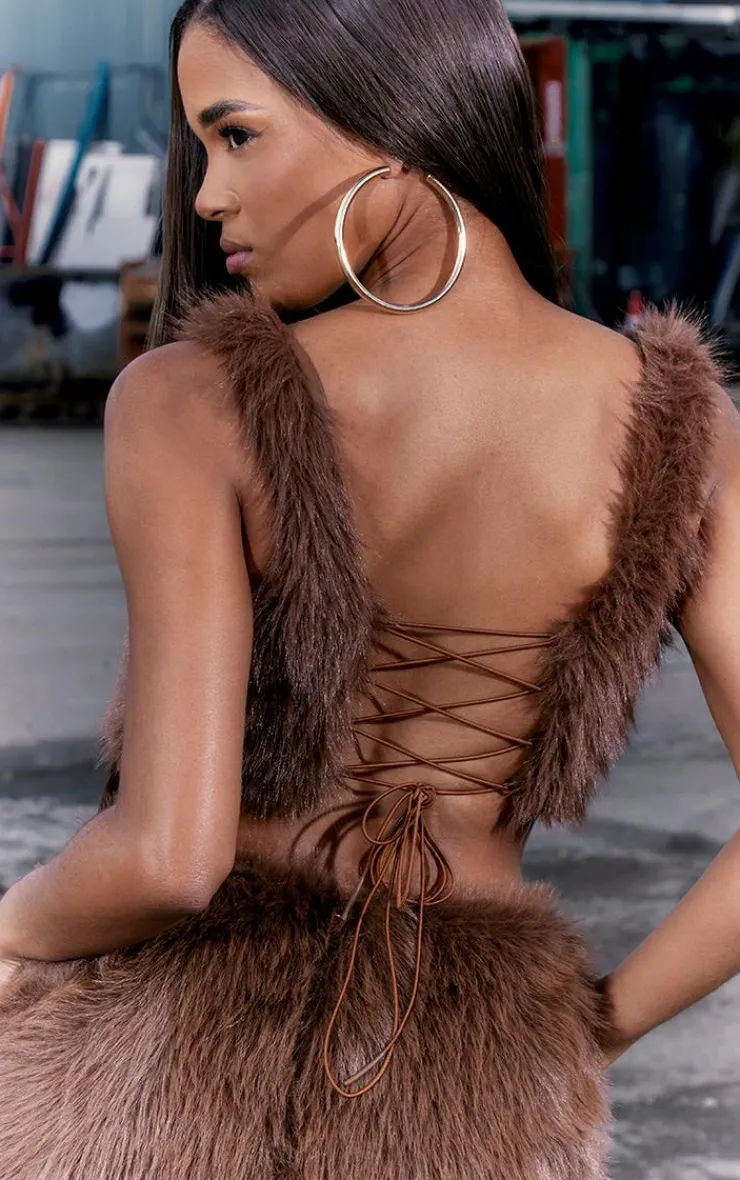 Outlet PrettyLittleThing Faux Fur Corset Crop Top Brown