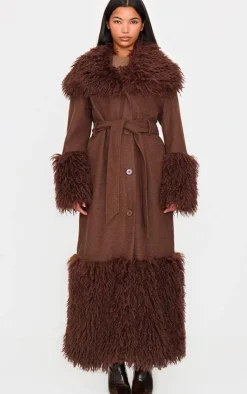 PrettyLittleThing Wool Coats*Faux Fur Trim Contrast Wool Look Coat
