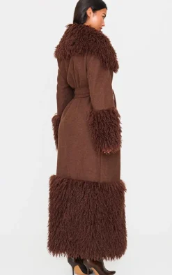 PrettyLittleThing Wool Coats*Faux Fur Trim Contrast Wool Look Coat