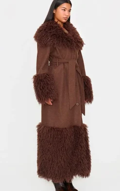 PrettyLittleThing Wool Coats*Faux Fur Trim Contrast Wool Look Coat