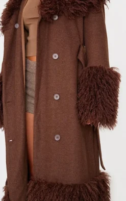 PrettyLittleThing Wool Coats*Faux Fur Trim Contrast Wool Look Coat