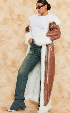 PrettyLittleThing Faux Leather Jackets*Faux Fur Trim Distressed Faux Leather Maxi Coat