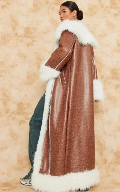 PrettyLittleThing Faux Leather Jackets*Faux Fur Trim Distressed Faux Leather Maxi Coat