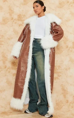 PrettyLittleThing Faux Leather Jackets*Faux Fur Trim Distressed Faux Leather Maxi Coat
