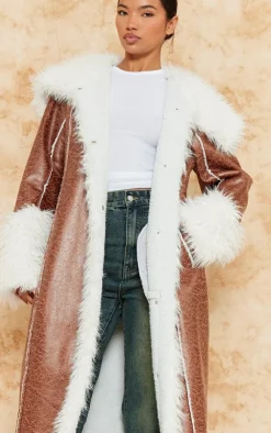 PrettyLittleThing Faux Leather Jackets*Faux Fur Trim Distressed Faux Leather Maxi Coat