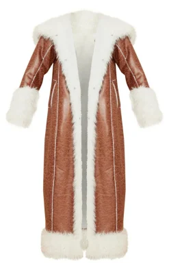 PrettyLittleThing Faux Leather Jackets*Faux Fur Trim Distressed Faux Leather Maxi Coat