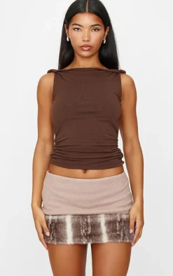 Brown Faux Fur Trim Wool Look Micro Mini Skirt