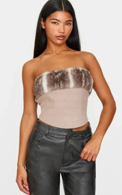 Hot PrettyLittleThing Faux Fur Trim Wool Look Bandeau Corset Brown