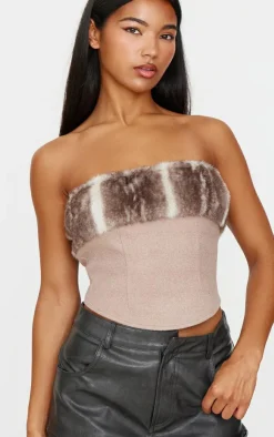 Hot PrettyLittleThing Faux Fur Trim Wool Look Bandeau Corset Brown