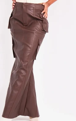 Brown Faux Leather Cargo Maxi Skirt
