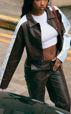 PrettyLittleThing Faux Leather Jackets*Faux Leather Contrast Stripe Cropped Jacket