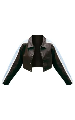 PrettyLittleThing Faux Leather Jackets*Faux Leather Contrast Stripe Cropped Jacket