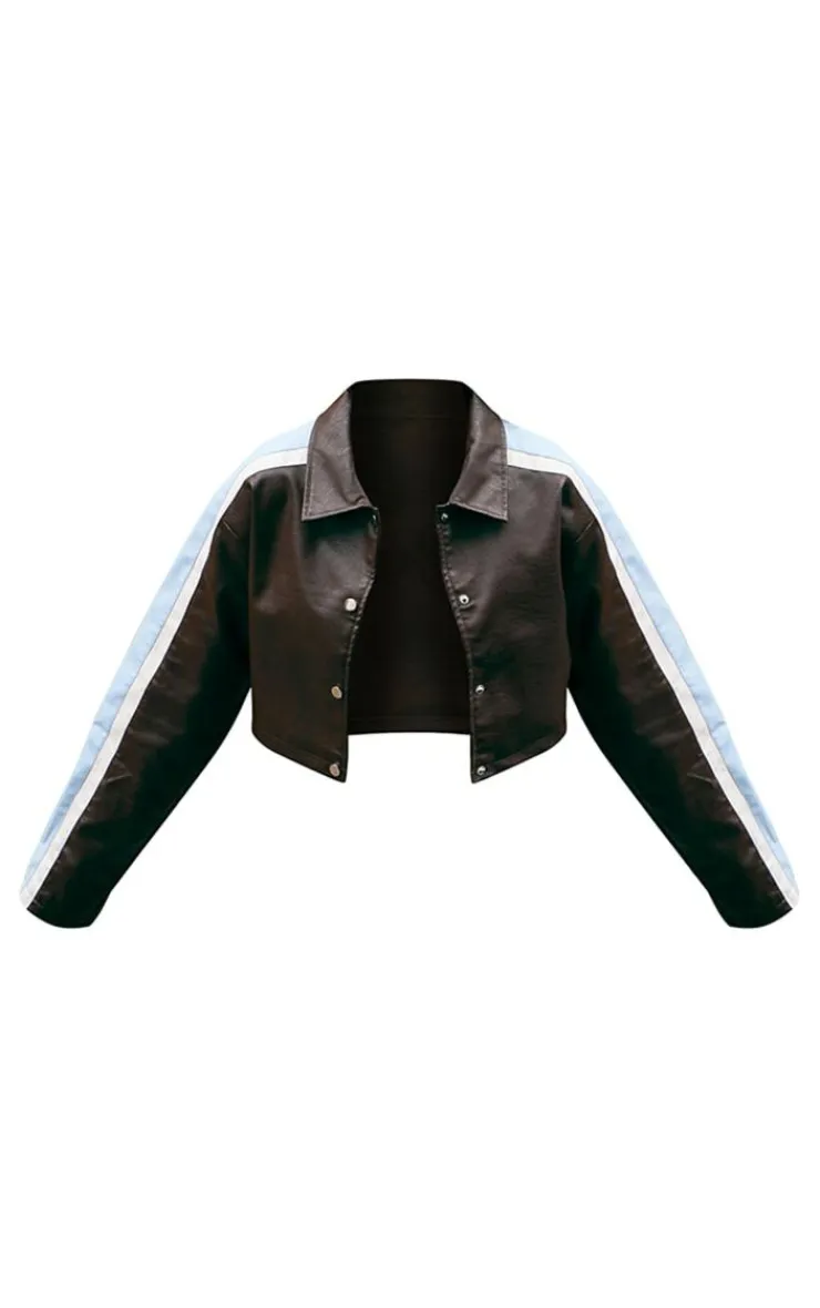 PrettyLittleThing Faux Leather Jackets*Faux Leather Contrast Stripe Cropped Jacket
