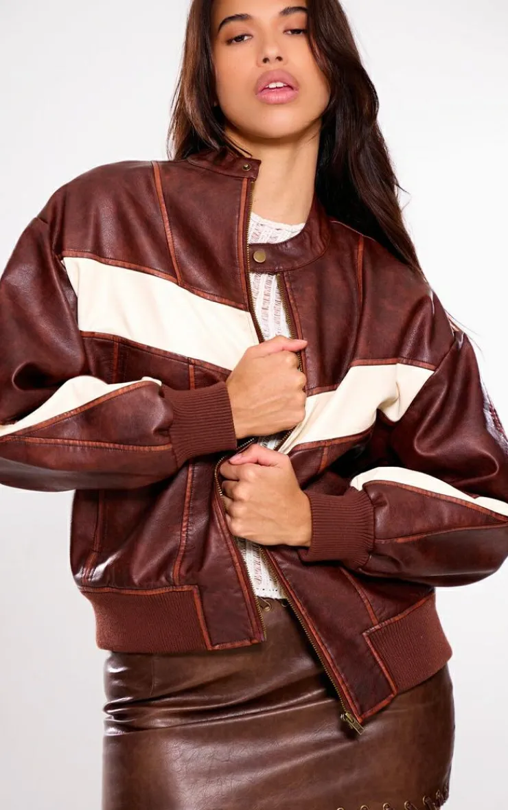 PrettyLittleThing Bomber Jackets*Faux Leather Contrast Panel Longline Bomber Jacket