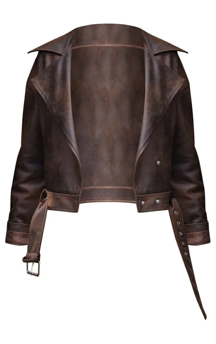 PrettyLittleThing Faux Leather Jackets*Faux Leather Distressed Look Relaxed Fit Biker Jacket