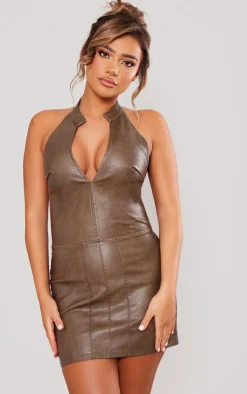 Faux Leather Halterneck Low Back Bodycon Dress-PrettyLittleThing Best