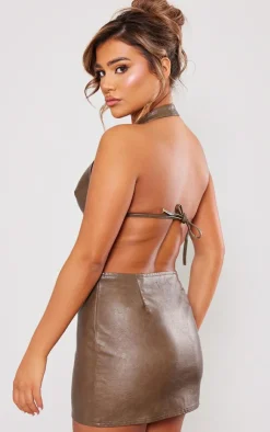 Faux Leather Halterneck Low Back Bodycon Dress-PrettyLittleThing Best