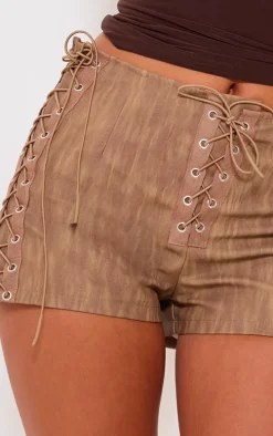 Brown Faux Leather Lace Up Side Hot Pants