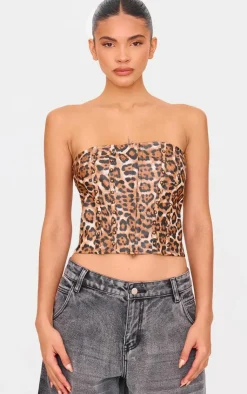 PrettyLittleThing Corsets*Faux Leather Leopard Print Studded Crop Corset