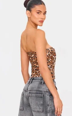 PrettyLittleThing Corsets*Faux Leather Leopard Print Studded Crop Corset