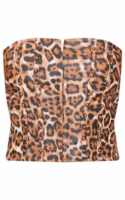PrettyLittleThing Corsets*Faux Leather Leopard Print Studded Crop Corset