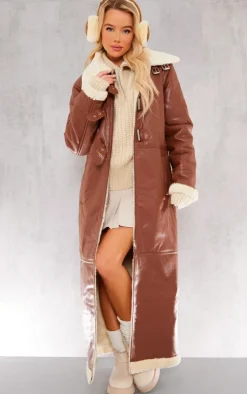 PrettyLittleThing Aviator Jackets*Faux Leather Longline Aviator Belt Detail Coat