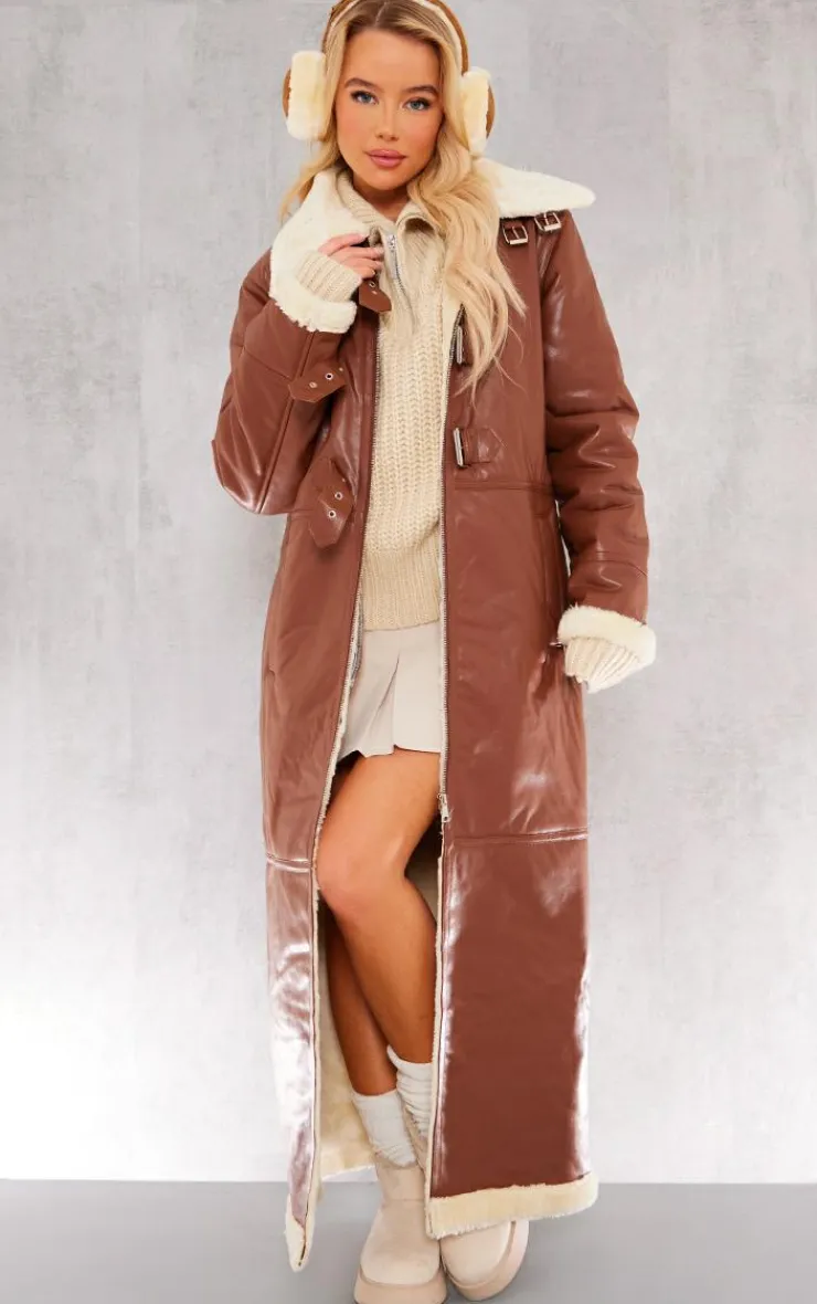 PrettyLittleThing Aviator Jackets*Faux Leather Longline Aviator Belt Detail Coat