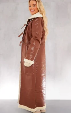 PrettyLittleThing Aviator Jackets*Faux Leather Longline Aviator Belt Detail Coat
